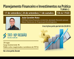 Imagem em fundo bege com faixas na cor marrom e informações em letras preta, branca e marrom relativas ao curso planejamento financeiro da EJUD16