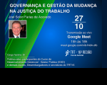 Imagem com fundo azul e verde, com informações sobre o curso "Governança e gestão da mudança na Justiça do Trabalho"