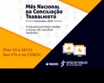Imagem em fundo branco, amarelo e preto com informações resumidas sobre o Mês da Conciliação Trabalhista
