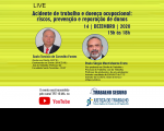 Imagem com fundo amarelo com informações sobre a live “Acidente de trabalho e doença ocupacional: riscos, prevenção e reparação de danos”.