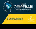 Logo do Prêmio: Uma cabeça de perfil com engrenagens e um espectro. Prêmio Cooperari - Estratégias para Evoluir, em fundo azul escuro. Abaixo, faixa amarela com os logos da Justiça do Trabalho e do TRT16, e inscrição "apoia esta iniciativa".