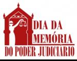 Imagem em fundo branco com letras vermelhas escrito Dia da Memória do Poder Judiciário com deus Themis à direita