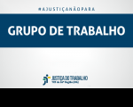 Imagem com fundo cinza, com faixa azul marinho onde se lê GRUPO DE TRABALHO, na cor branca, e abaixo a logomarca da Justiça do Trabalho