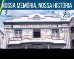 Imagem do prédio onde funcionaram as varas trabalhistas na praça Deodoro agregada às marcas do Tribunal Regional do Trabalho do Maranhão e marca dos 80 anos da Justiça do Trabalho
