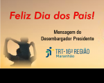 Imagem com fundo salmão em degradê, silhueta de pai com filho nos ombros e chamada para a mensagem do presidente, para o dia dos pais.