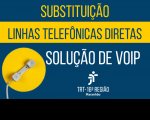 Imagem com fundo azul escuro, com linha horizontal e círculo na cor amarela, e com o texto SUBSTITUIÇÃO LINHAS TELEFÔNICAS DIRETAS - SOLUÇÃO DE VOIP