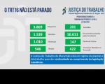 Imagem com fundo cinza claro e com palavras na cor azul "o TRT 16 não está parado" com dados estatísticos, na cor verde, referentes à produtividade de magistrados e servidores do TRT do Maranhão
