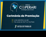 Imagem com fundo azul escuro, logo do evento, convite para a Cerimônia de Premiação, em letras brancas, e a marca da Justiça do Trabalho, também branca.