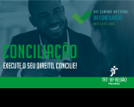 Imagem, em tons de verde e azul, de um rapaz negro sorrindo para uma moça de costas, em transparência, com a inscrição CONCILIAÇÃO: EXECUTE SEU DIREITO, CONCILIE! e as marcas do evento e do TRT-MA. Close