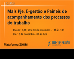Imagem com fundo laranja e informações sobre o curso da EJUD Mais PJe, e-Gestão e painéis de acompanhamento dos processos do trabalho