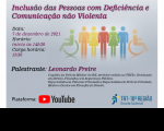 Arte com fundo azul claro, imagens de bonequinhos, dos quais dois cadeirantes,relativa à notícia sobre a palestra “A Inclusão das Pessoas com Deficiências e a Comunicação não-Violenta”  