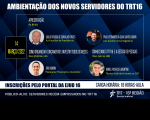 Imagem com fundo azul, com fotos dos palestrantes do dia 14 de março da capacitação " Ambientação de novos servidores do TRT-MA", que será realizada pela Escola Judicial