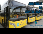 Imagem da frente de quatro ônibus amarelos próximo a um viaduto, em fundo claro, onde se lê AUDIÊNCIA DE CONCILIAÇÃO, em referência à notícia sobre audiência de conciliação do dissídio coletivo de greve dos rodoviários, abaixo a logomarca da Justiça do Trabalho no Maranhão