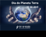 Imagem em fundo azul marinho e branco, com duas mãos segurando Planeta Terra, onde está escrito Dia do Planeta Terra, 22 de abril, e abaixo a logomarca do TRT da 16ª Região