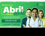 Arte do CSJT para o webinário Abril Verde 2022, com as informações sobre o evento, e com fotos de 2 mulheres e um homem, em destaque uma mulher negra usando um jaleco branco com estetoscópio sobre os ombros, e atrás dela um homem branco de cabelo preto liso, vestindo camisa azul, e a outra mulher branca, de cabelo liso louro com blusa amarela. Imagem também como as logos da Justiça do Trabalho e do Trabalho Seguro.