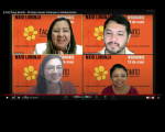 Imagem em mosaico das juízas mediadoras do debate e dos palestrantes tendo como fundo a logomarca da campanha Maio Laranja.