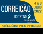 Imagem com fundo azul escuro, à esquerda, e amarelo, à direita. Na parte azul, lê-se CORREIÇÃO DO TST NO, em letras brancas, e logomarca do TRT-MA. Na parte amarela, lê-se 4 A 8 JULHO 2022 em letras azuis. No rodapé, tarja amarela com a inscrição AUDIÊNCIA PÚBLICA: 6/JULHO, DAS 9H30 ÀS 12H em letras azuis.