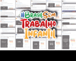 Fundo com mosaico formado por tweets publicados com a hashtag e o sticker do #BrasilSemTrabalhoInfantil