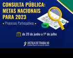 Arte em fundo azul e detalhe em verde e amarelo, com imagem de uma lupa sobre uma folha de papel branca com detalhes cinza e verde, um homem em tamanho pequeno e um círculo verde, além de um calendário e informações sobre a Consulta Pública: Metas Nacionais para 2023
