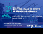 Imagem com fundo em tons de azul escuro, contendo foto de navio atracado no porto. Sobre ela, texto em azul ciano e branco com as informações do Seminário. À esquerda, desenho azul ciano de um navio navegando sobre ondas.