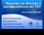 Imagem em tons de azul, simulando ondas de luz, com informações sobre o curso “Recursos de Revista e Jurisprudência do TST", que será realizado pela Escola nos dias 14 e 15 de julho. Abaixo, as logomarcas da Escola Judicial e do TRTl