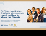 Arte da pesquisa AMB com fundo cinza e duas faixas douradas no topo e rodapé. à esquerda, o nome da pesquisa em azul marinho e logomarcas dos parceiros. À direita, foto de quatro mulheres.