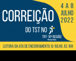 Imagem com fundo azul escuro, à esquerda, e amarelo, à direita. Na parte azul, lê-se CORREIÇÃO DO TST NO TRT 16ª Região, em letras brancas, e logomarca do TRT-MA. Na parte amarela, lê-se 4 A 8 JULHO 2022 em letras azuis. No rodapé, tarja amarela com a inscrição LEITURA DA ATA DE ENCERRAMENTO: 8/JULHO, ÀS 10H, em letras azuis.