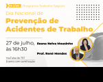 Imagem com fundo branco e textos amarelos e pretos. À direita, fotos dos convidados sobre imagem reticulada de capacetes de segurança.