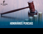 Imagem com fundo rosa e azul, onde se vê, em primeiro plano, o martelo de um juiz ao lado de pilhas de moedas. Abaixo está escrito em letras brancas Honorários Periciais e acima, à esquerda, a logomarca do TRT da 16ª Região na cor preta.