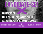 Foto de mulher com X sobre os lábios e texto candidate-se em lilás e nome da comissão de prevenção e de enfrentamento do assédio moral e assédio sexual.