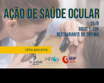 Imagem em fundo claro em que se vê uma mulher branca, vestindo jaleco branco, fazendo exame ocular numa pessoa com o uso de um oftalmoscópio ou aparelho de acuidade visual. A imagem também tem texto sobre a Ação de Saúde Ocular que vai ser realizada pelo Setor de Saúde do TRT-16. Abaixo, à esquerda, há um tarja amarela destacando a parceria para a realização do evento, mostrando as logomarcas do TRT-16, Geap Saúde e HRO.