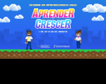 Imagem em fundo azul, com ilustração ambiente de games, com nuvens no céu, edifícios, e dois bonecos simbolizando dois adolescentes. Na parte inferior, há também uma tarja simulando também ambiente de game. Na parte central, está escrito APRENDER É CRESCER.
