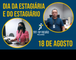 Imagem de fundo azul escuro e textos amarelos alusivos ao dia do estagiário, com foto de uma moça à esquerda e de um rapaz à direita.