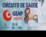 Imagem em fundo turquesa claro com a figura de um homem usando jaleco branco, segurando um estetoscópio na cor vermelha, e no primeiro plano, a logomarca da GEAP, e texto com informações sobre o evento.