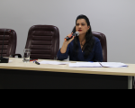 Foto de uma mulher usando blusa azul marinho sentada à mesa e falando ao microfone