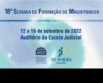 Imagem em fundo azul, verde e branco, com texto do evento na cor azul. Abaixo, as logomarcas da Escola Judicial e do TRT 16ª Região.