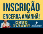 Imagem com fundo amarelo e texto azul marinho de enceramento das inscrições. Tarja azul marinho no rodapé com imagem de uma moça negra sorrindo à esquerda, o texto CONCURSO DE SERVIDORES em amarelo ao centro, e a logomarca do TRT-MA na versão branca, à direita.