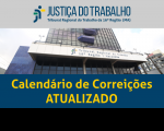 Fachada do prédio-sede do TRT-16 entre duas faixas. Na parte superior consta a logomarca da Justiça do Trabalho e inferior, o texto Calendário Institucional 2023 com fonte em amarelo sobre fundo azul.