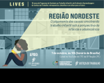 Ilustração em tons de verde com uma moça sentada no chão, lendo um livro. Do livro. sai uma luz amarelada, destacando a inscrição REGIÃO NORDESTE e o tema das lives.  Ao fundo, caixas empilhadas, sugerindo ambiente de depósito.