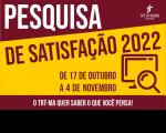 Imagem com fundo amarelo e vinho, textos em branco e vinho com chamada para responder a pesquisa, e ilustração de lupa sobre monitor de computador.