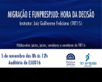 Arte com fundo azul e tarja branca. No fundo azul, informações relativas ao curso, nome do instrutor e público-alvo. Na tarja branca, na parte inferior, data e local de realização do curso e as logomarcas da Escola Judicial e do TRT da 16ª Região.