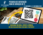 Arte da pesquisa com foto de notebook aberto, exibindo QR Code, ao centro, e tarjas azuis no topo e na base, com textos brancos e amarelos relativos ao tema.