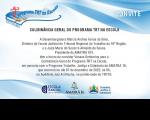 Convite para solenidade de Culminância do Programa TRT na Escola. Arte com fundo branco e azul. Abaixo, logos da Escola Judicial, Amatra XVI e Programa Trabalho, Justiça e Cidadania.