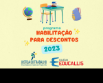 imagem com fundo amarelo e texto em cor vermelha e azul no centro. gravuras de uma mesa de estudos, uma mochila e um globo, além das logomarcas do TRT-16 e da Escola Educallis. 