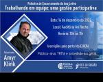 Arte com fundo em tons de azul, foto do palestrante em destaque e informações sobre a palestra de encerramento do ano letivo da Ejud16. Na parte inferior , logomarcas da Escola Judicial e do TRT-MA.