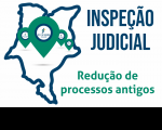 Desenho do mapa do Maranhão com contorno azul marinho e ícones de localização em verde com logomarca do TRT 16ª Região. À direita, texto Inspeção Judicial com letras maiúsculas na cor azul, seguido do texto Redução de processos antigos com letras minúsculas na cor verde.