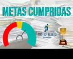 Sobreposição do texto Metas Cumpridas e dos ícones de relógio nas cores vermelho, amarelo, logomarca do Tribunal e taça dourada à imagem de processos físicos empilhados. 