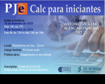 Detalhe de mãos usando calculadora e bloco de anotação sobre tom azul. Texto com informações sobre o curso, incluindo logomarcas da Escola Judicial.