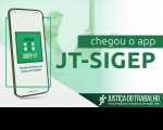 #ParaTodosVerem: arte com marca d'água com imagem de pessoas ao fundo em tom verde e texto sobreposto na mesma cor informando sobre o aplicativo JT Sigep. À esquerda, desenho de celular com ícone representativo do Sigep. À direita, logo do TRT16.