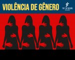 Composição de desenhos representando silhuetas de quatro mulheres, que estão lado a lado e de costas, na cor preta sobre fundo vermelho.  Todas de mãos dadas e sobre elas mãos representando toques não consentidos e abordagem agressiva.